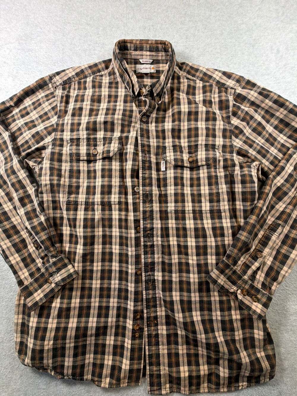Carhartt Men's Relaxed Fit Brown & Black Plaid Long Sleeve Button Shirt